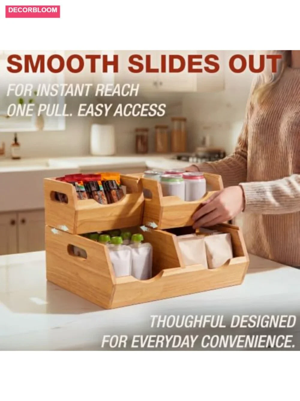 Stackable Solid Wood Storage Bins Pantry Countertop Produce Organizer